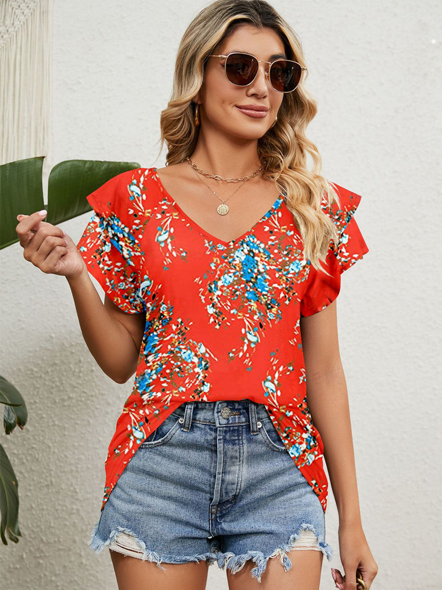 T-Shirts - Print V-Neck Double Layer Ruffle Sleeve Loose T-Shirt - MsDressly