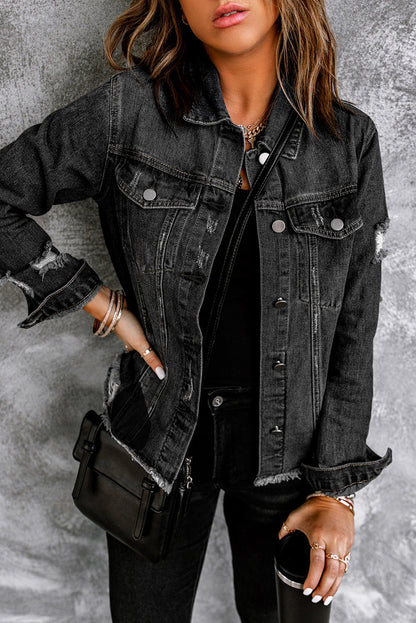 Black Lapel Distressed Raw Hem Buttons Denim Jacket