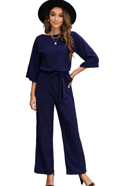 Solid High-necked Long-sleeved Casual Jumpsuit