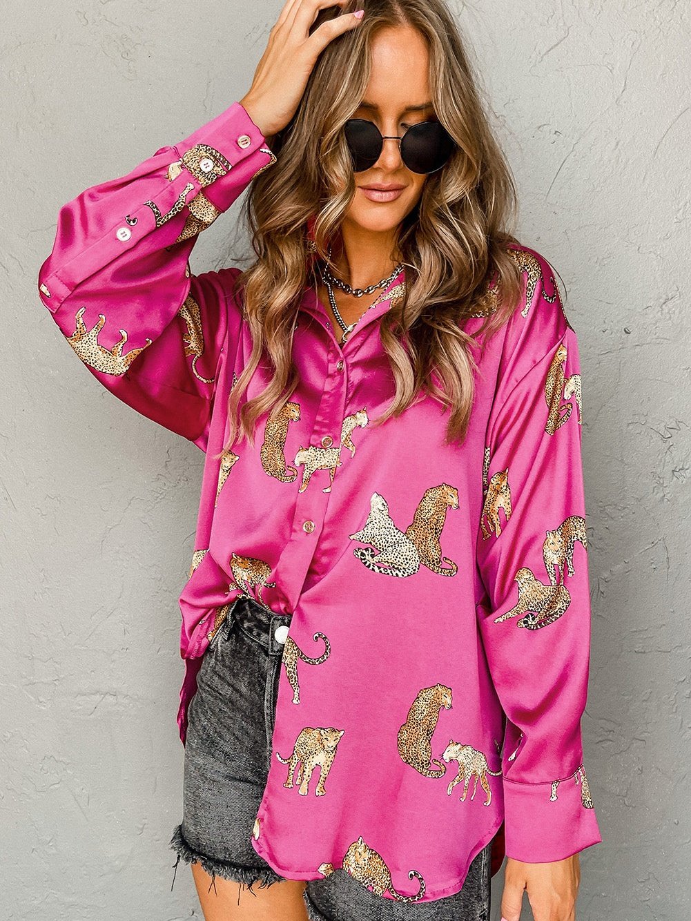 Blouses Loose V-Neck Animal Print Long Sleeve Blouse for Women