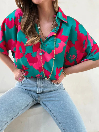 Abstract Green V-Neck Blouse with Geometric Print