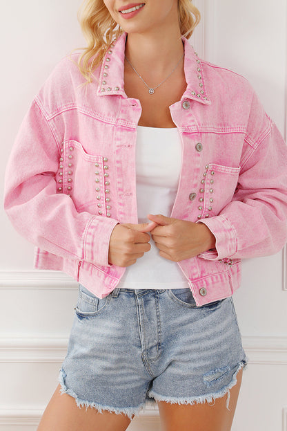 Pink Rivet Studded Pocketed Denim Jacket