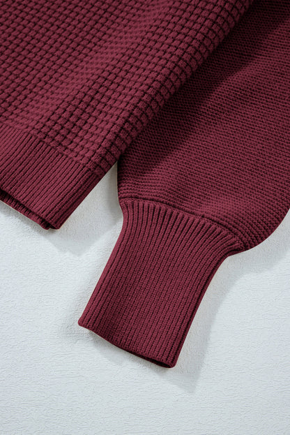 Burgundy Solid Color Mixed Textured Knitted Crew Neck Sweater