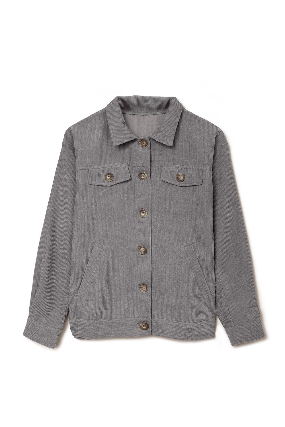 Gray Ribbed Corduroy Long Sleeve Jacket with Pocket