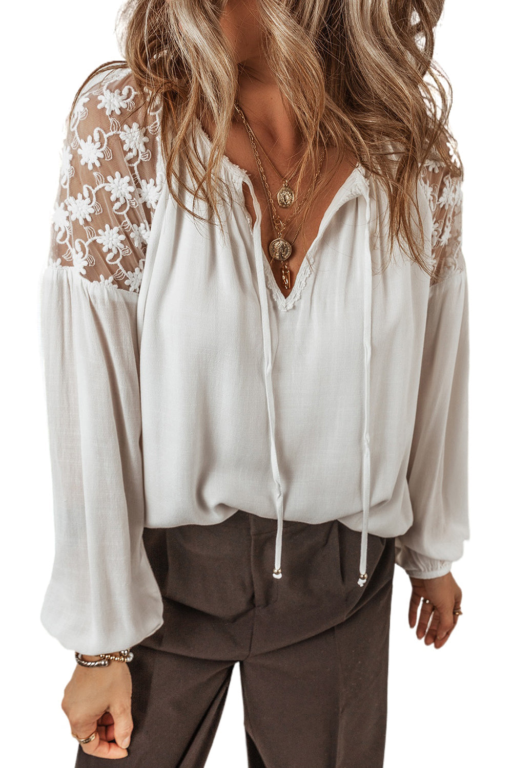 White Floral Lace Patchwork Puff Sleeve Tied V Neck Blouse