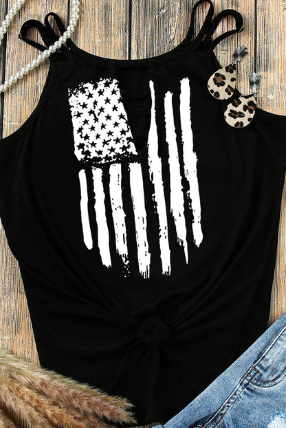 Black American Flag Print Cut Out Spaghetti Strap Tank Top