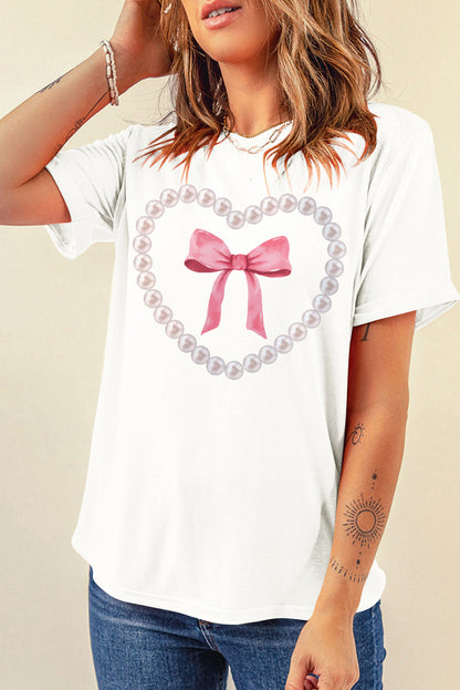 White Pearl Heart Bowknot Graphic T Shirt