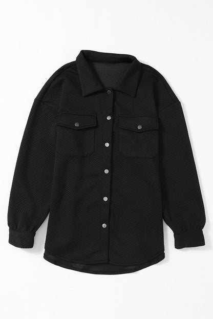 Black Solid Textured Flap Pocket Buttoned Shacket