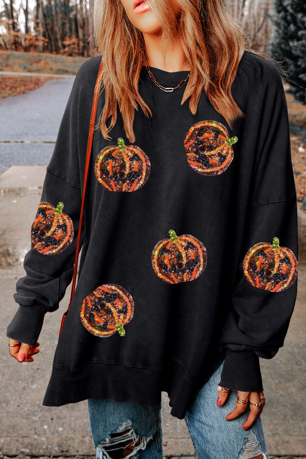 Black Sequined Jack O Lantern Split Hem Baggy Sweatshirt