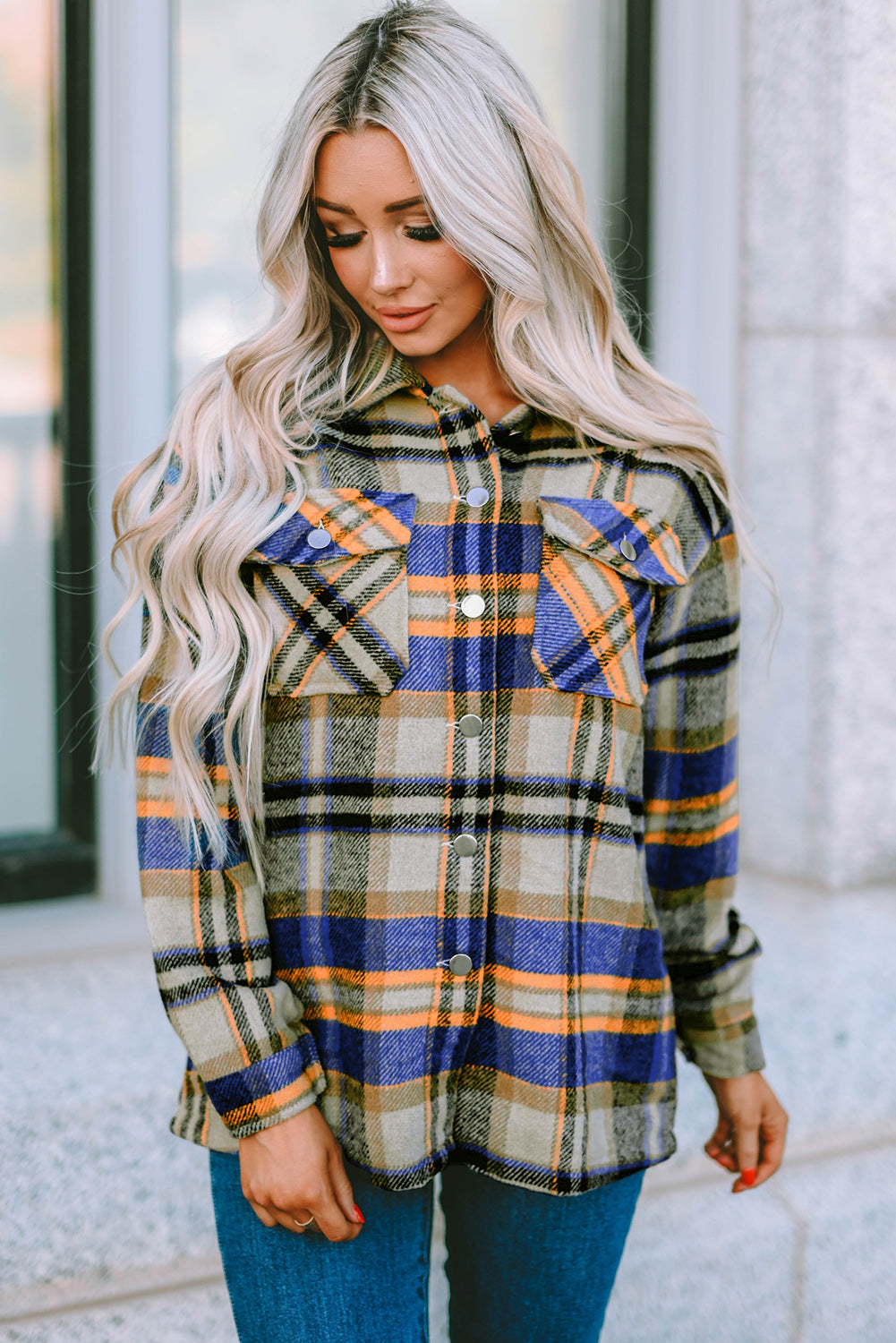 Blue Geometric Plaid Print Pocketed Shacket