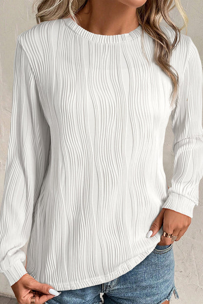 White Textured Wavy Round Neck Long Sleeve Top