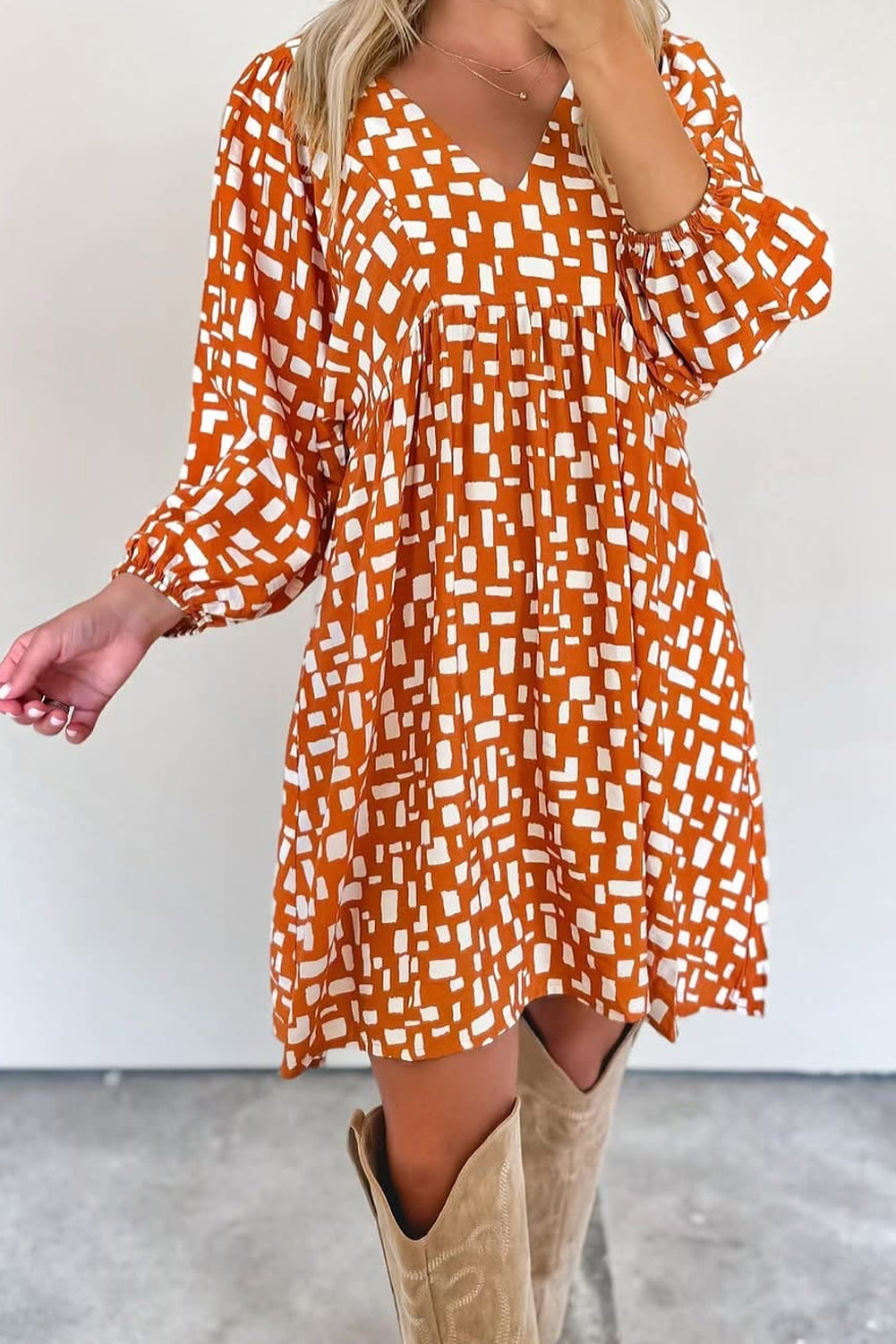 Orange Geometric Pattern Tasseled Lace up V Neck Empire Waist Flowy Short Dress
