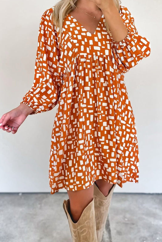 Orange Geometric Pattern Tasseled Lace up V Neck Empire Waist Flowy Short Dress