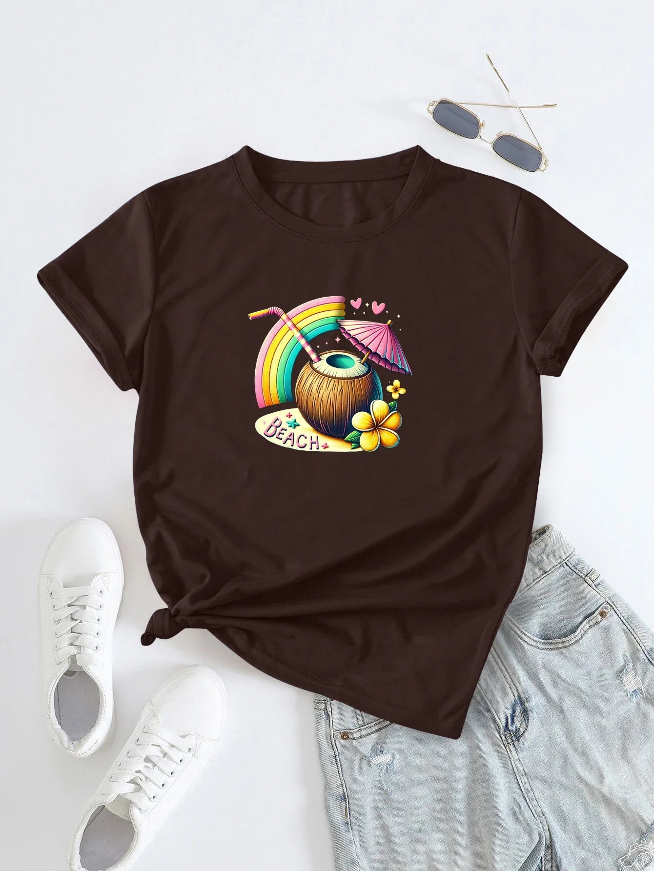 Women's Retro Cute Holiday Style T-Shirt, Rainbow and Coconut Print, Short Sleeve Crew Neck Casual Top for Summer and Spring