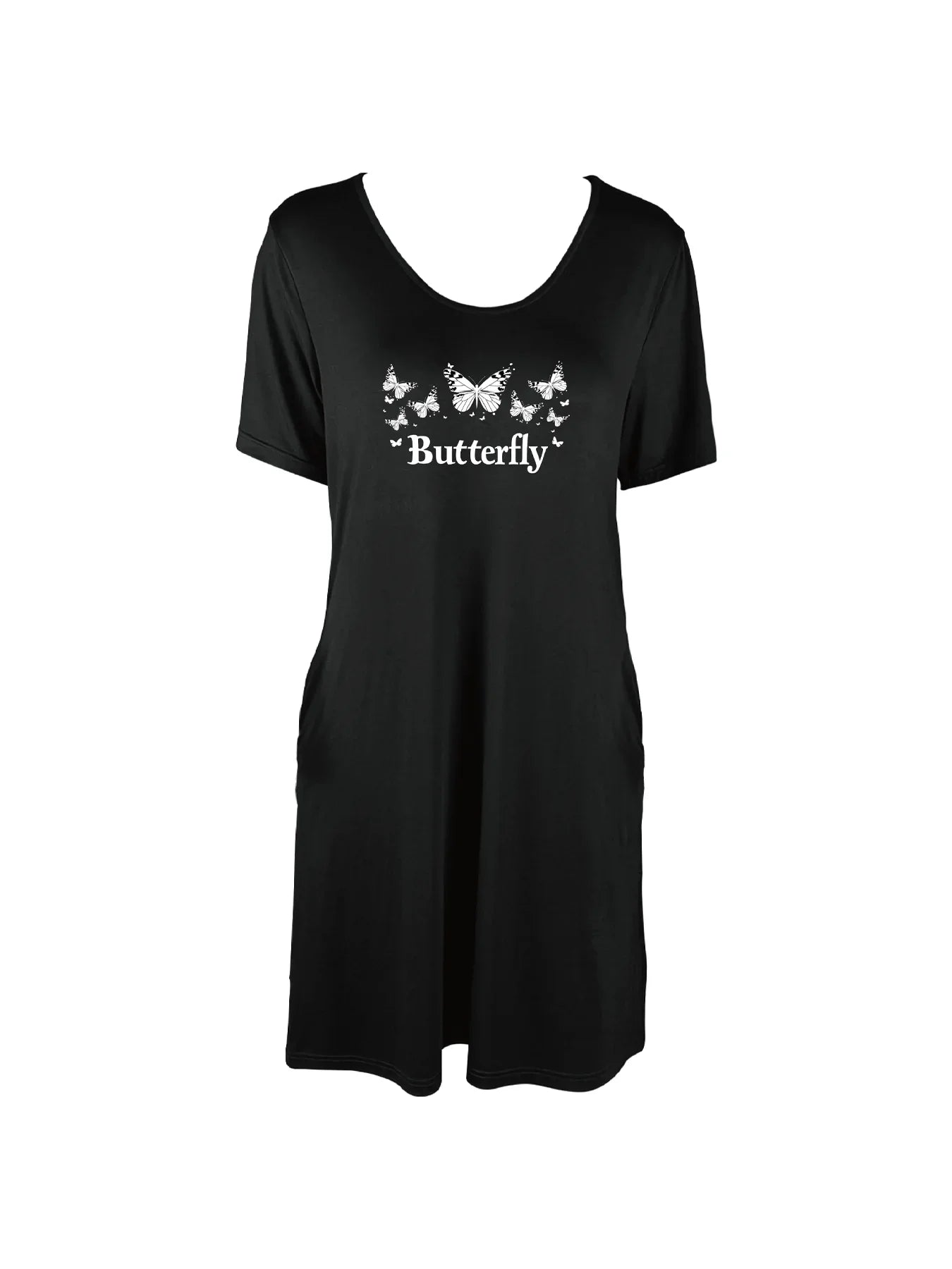 Butterfly Graphic Print Dual Pockets Dress Casual Short Sleeve Tee Dress For Spring & Summer Women's Clothing