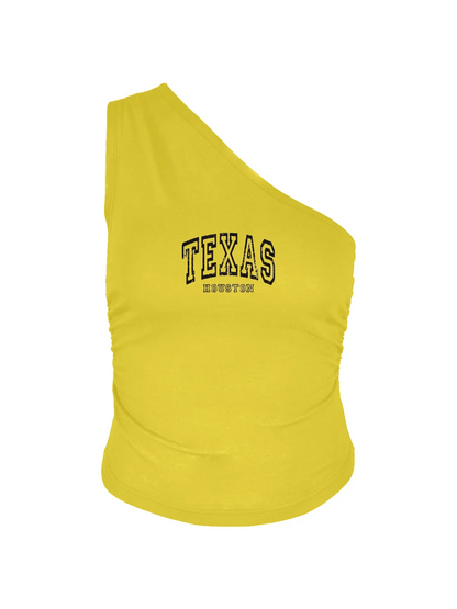 Bold "Texas" And "Houston" Print Crop One Shoulder Tank Top Sleeveless Casual Top For Summer & Spring Women's Clothing