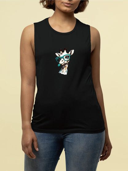 Adorable Giraffe With Teal Glasses Graphic Print Tank Top Sleeveless Casual Top For Summer & Spring Women's Clothing