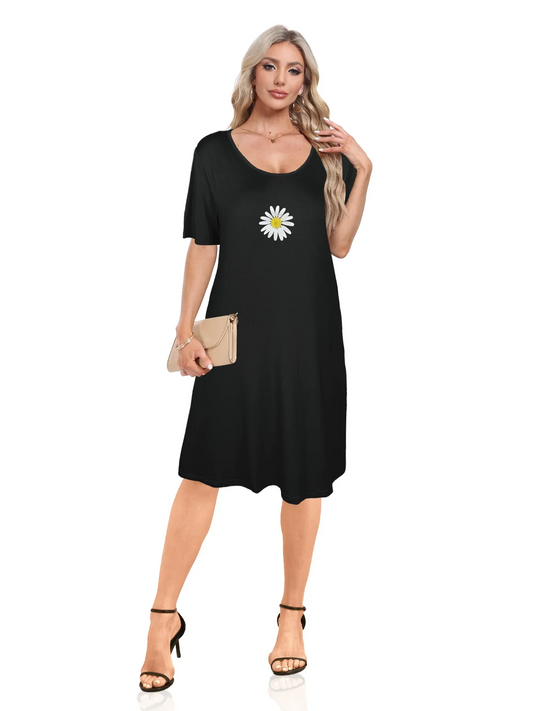 Beautifully Detailed Single Daisy Print Dual Pockets Dress Casual Short Sleeve Tee Dress For Spring & Summer Women's Clothing