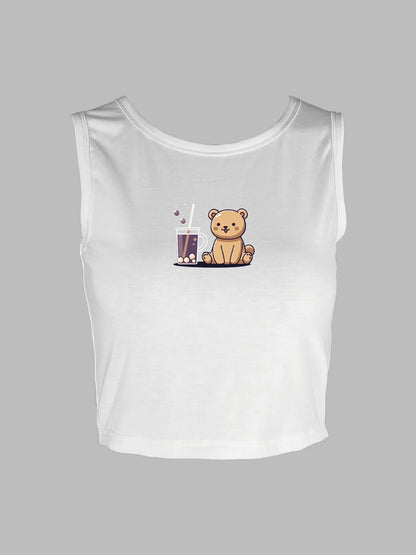 Adorable and Trendy Bear and Boba Tea Graphic Print Crop Tank Top Sleeveless Casual Top For Summer & Spring Women's Clothing