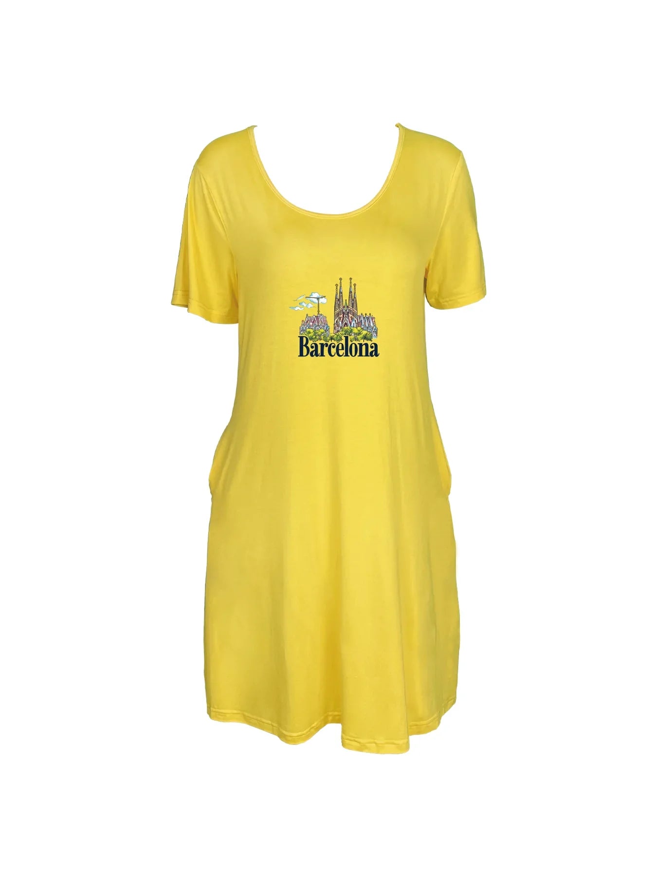 Barcelona Skyline With Barcelona Print Dual Pockets Dress Casual Short Sleeve Tee Dress For Spring & Summer Women's Clothing