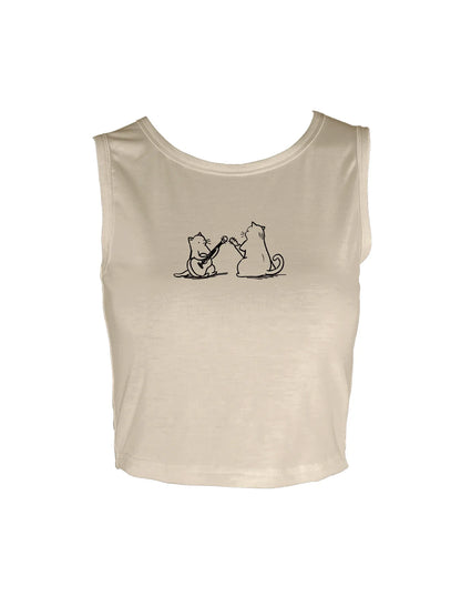 Adorable Cat Graphic Print Crop Tank Top Sleeveless Casual Top For Summer & Spring Women's Clothing