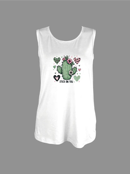 Adorable Cactus With Hearts And Flowers Print Tank Top Sleeveless Casual Top For Summer & Spring Women's Clothing