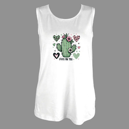 Adorable Cactus With Hearts And Flowers Print Tank Top Sleeveless Casual Top For Summer & Spring Women's Clothing