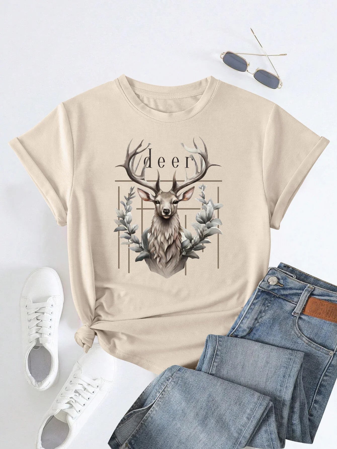 Women's Retro Nature-inspired Short Sleeve Crew Neck T-Shirt,Casual Top,Stylish Deer and Foliage Print, Summer & Spring Clothing