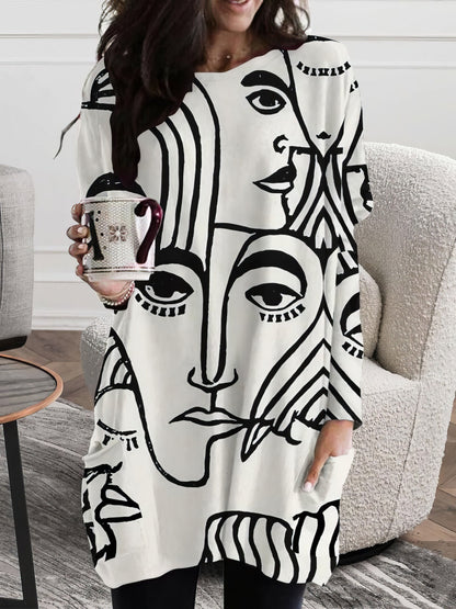 Abstract Face Print Pocket Long Sleeve Dress