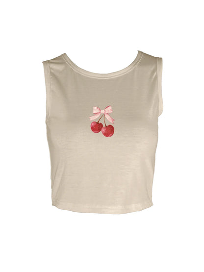 Adorable Cherry And Bow Design Print Crop Tank Top, Sleeveless Casual Top For Summer & Spring, Women's Clothing