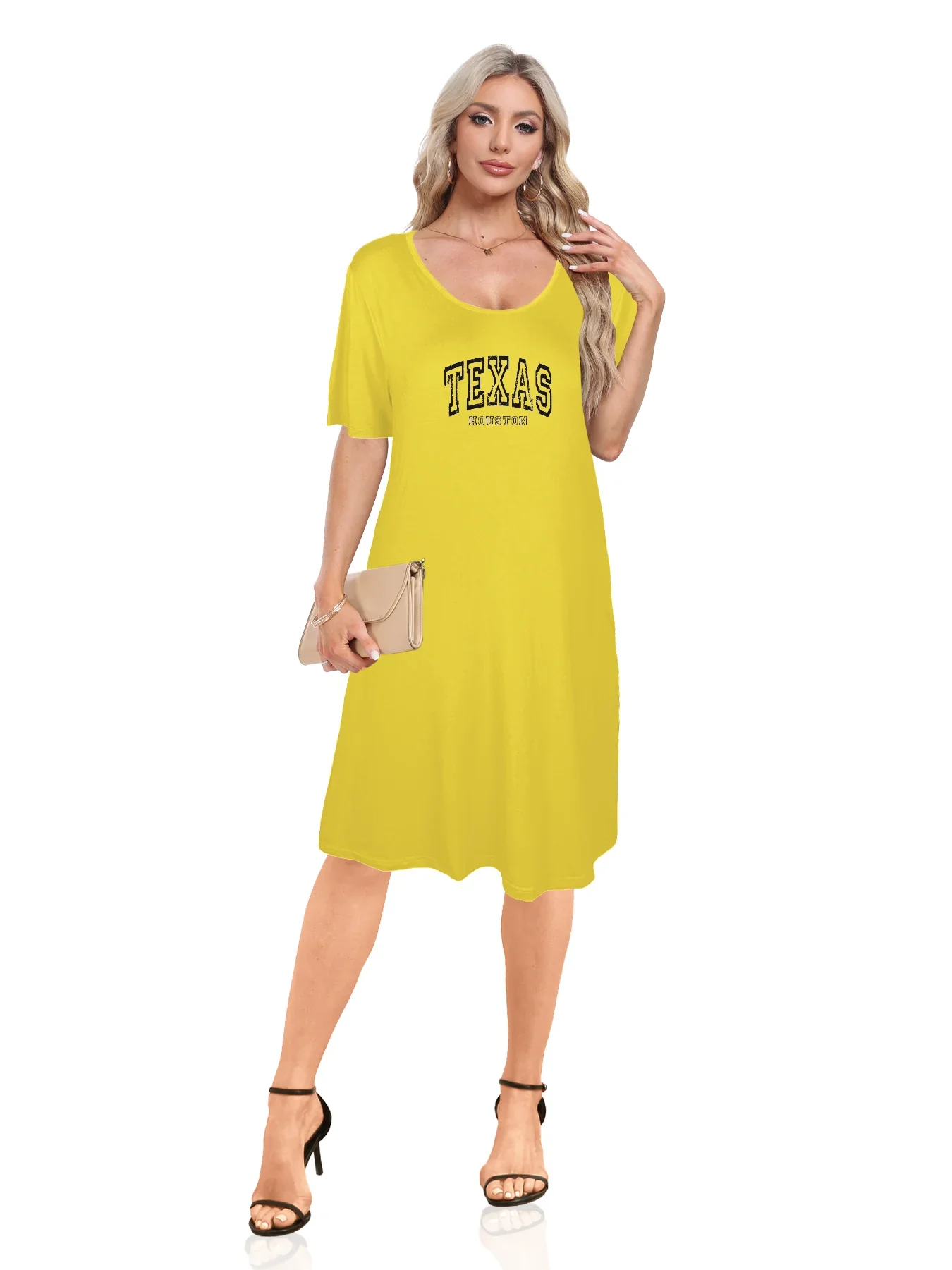 Bold "Texas" And "Houston" Print Dual Pockets Dress Casual Short Sleeve Tee Dress For Spring & Summer Women's Clothing