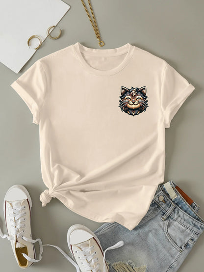 Women's Retro Cartoon Cat Print T-Shirt, Short Sleeve Crew Neck Casual Top for Summer and Spring, Women's Clothing