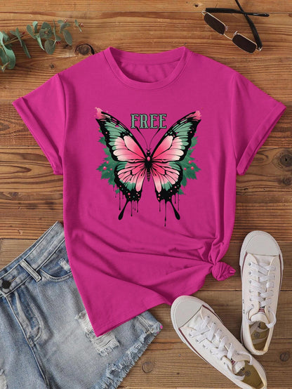 Women's Retro Pink Butterfly Letter Print T-shirt, Short Sleeve, Crew Neck Casual Top for Summer and Spring, Women's Clothing