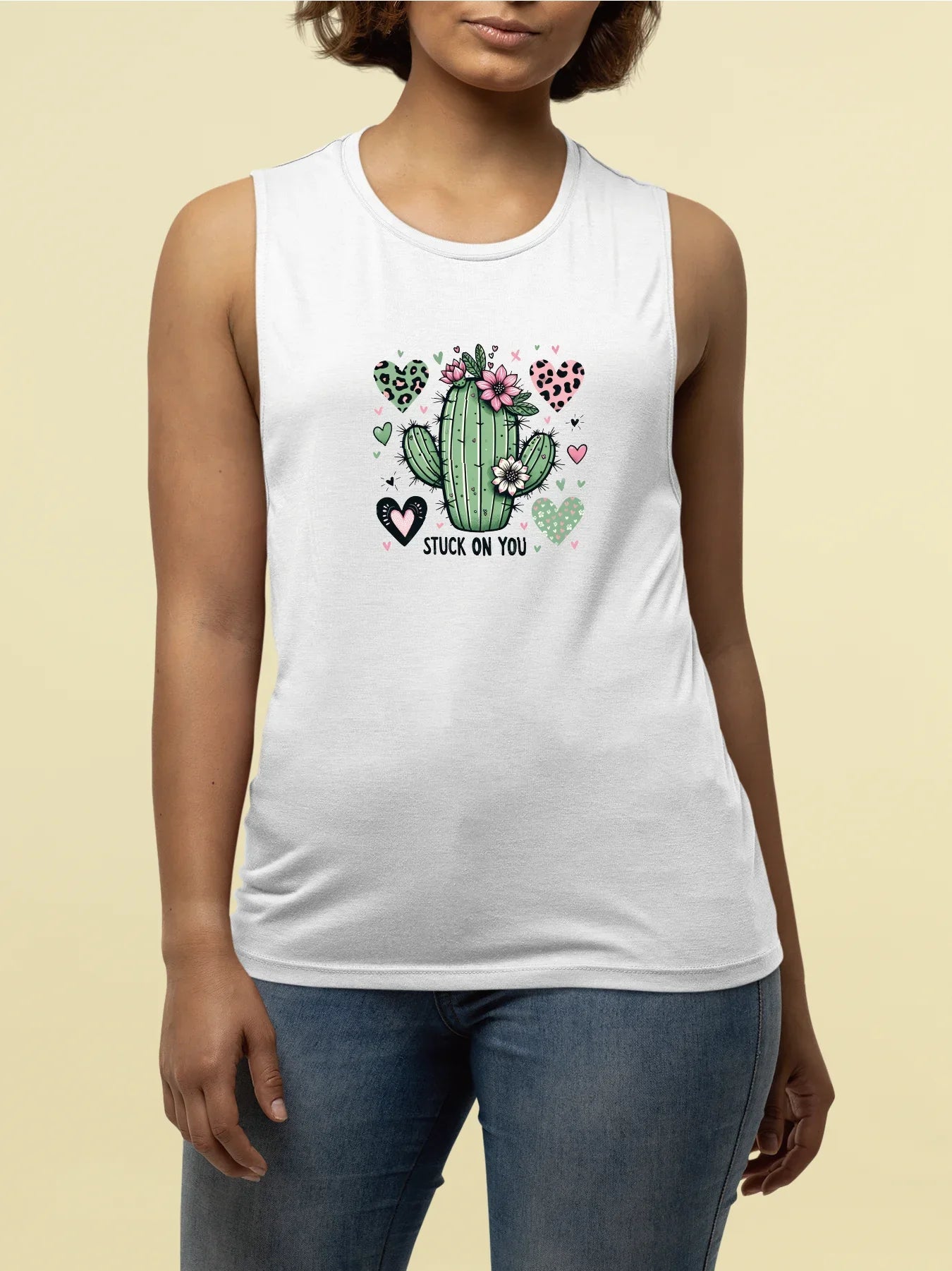 Adorable Cactus With Hearts And Flowers Print Tank Top Sleeveless Casual Top For Summer & Spring Women's Clothing