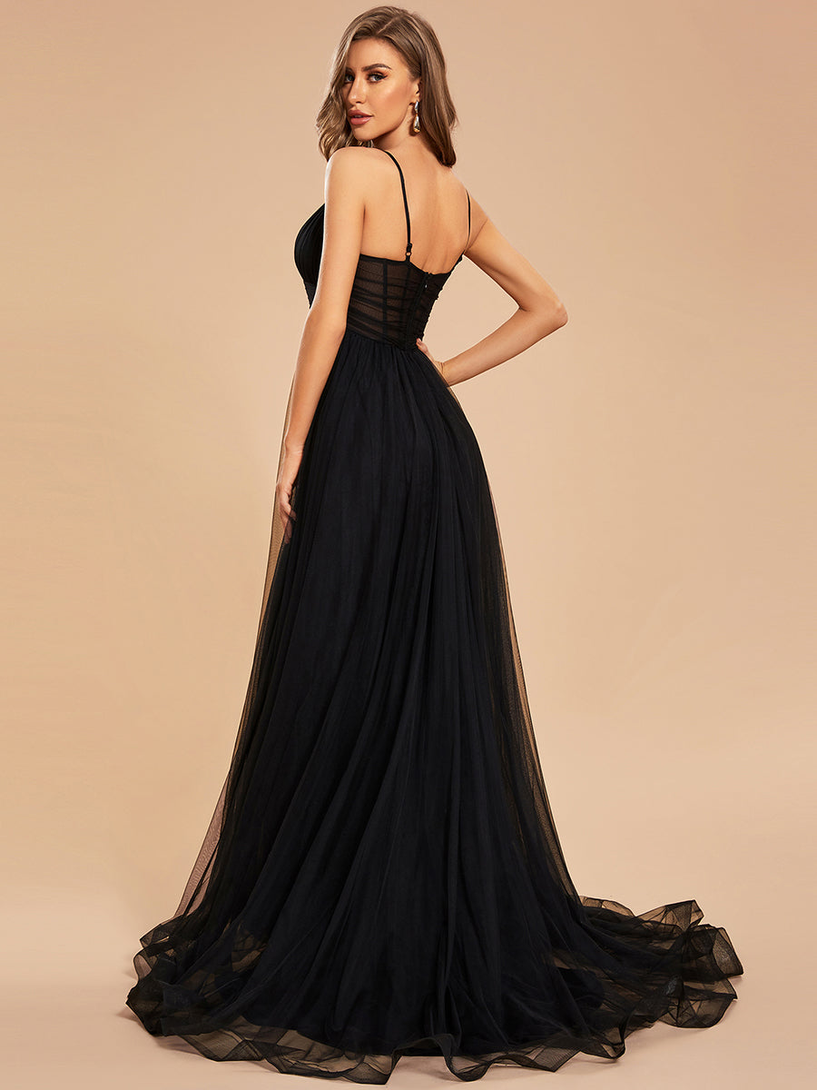 See Through Spaghetti Strap High Split Tulle Wholesale Evening Dress