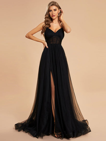 See Through Spaghetti Strap High Split Tulle Wholesale Evening Dress