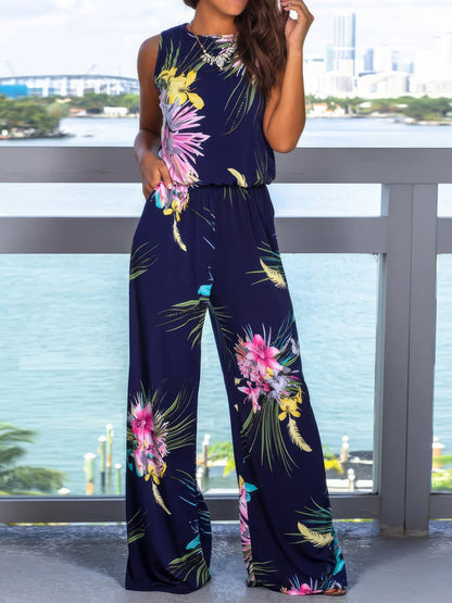 Casual Jumpsuit with Stylish Printed Crew Neck Pocket