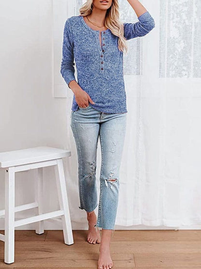 Casual Round Neck Button Long Sleeve T-Shirt