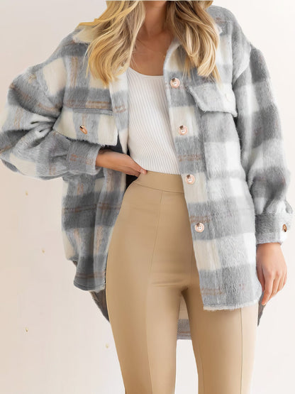 Checkered Plush Wool Blend Winter Coat