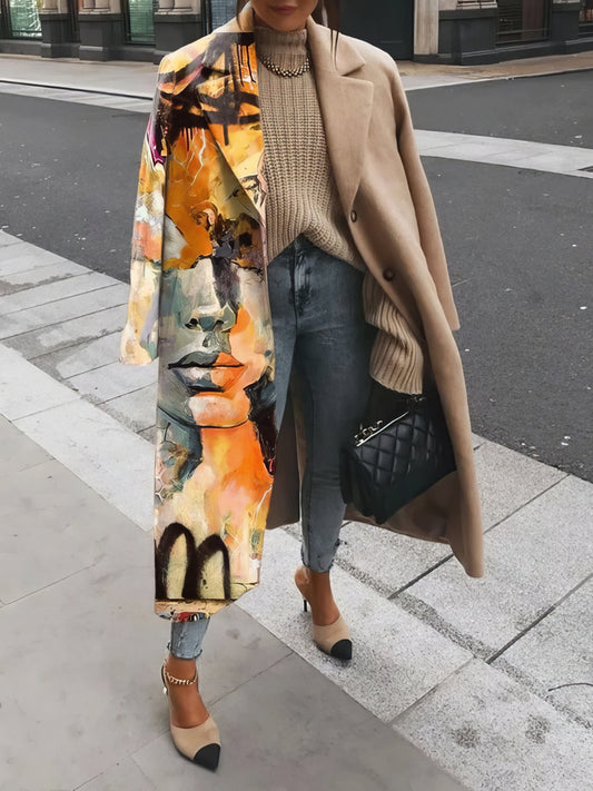 Chic Printed Lapel Woolen Coat with Unique Stitching