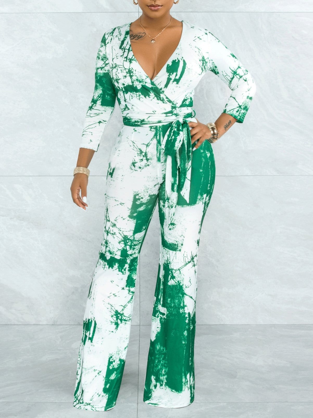 Colorful Tie-Dye V-Neck Jumpsuit with Wide Leg