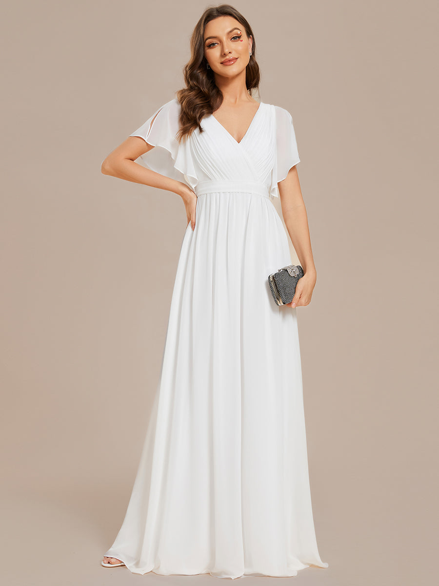 Deep V Neck Wholesale Chiffon Evening Gown With Short Sleeves