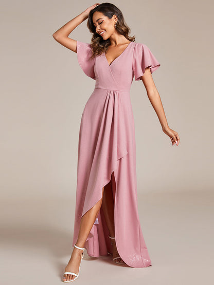 Shiny Tea Length Split Wholesale Evening Dresses With Ruffle Sleeves