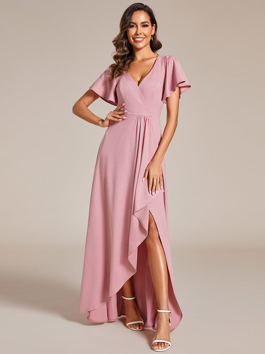 Shiny Tea Length Split Wholesale Evening Dresses With Ruffle Sleeves