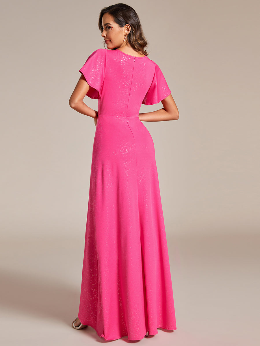 Shiny Tea Length Split Wholesale Evening Dresses With Ruffle Sleeves