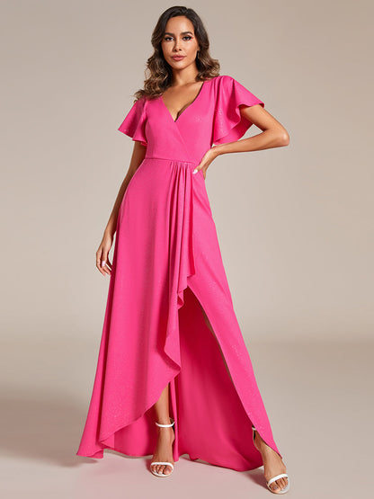 Shiny Tea Length Split Wholesale Evening Dresses With Ruffle Sleeves