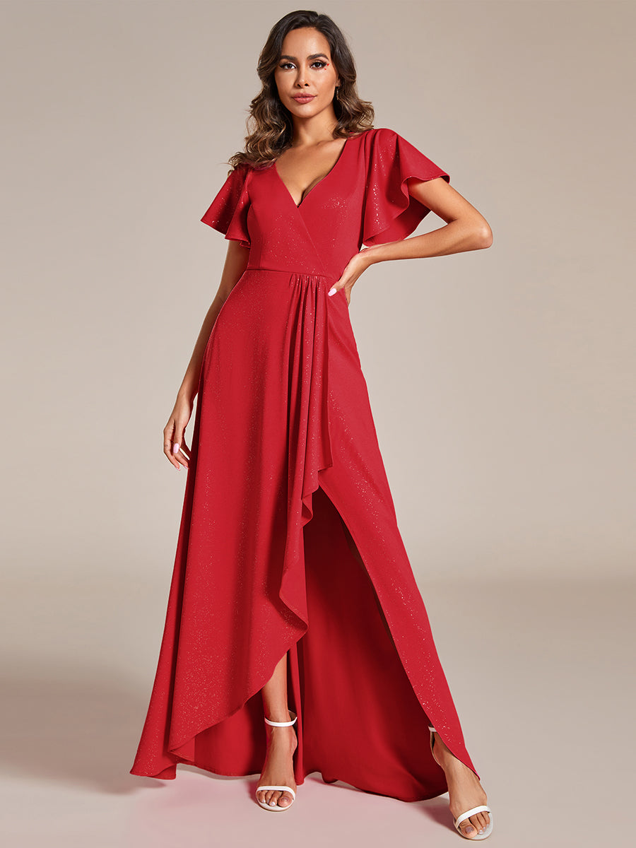 Shiny Tea Length Split Wholesale Evening Dresses With Ruffle Sleeves