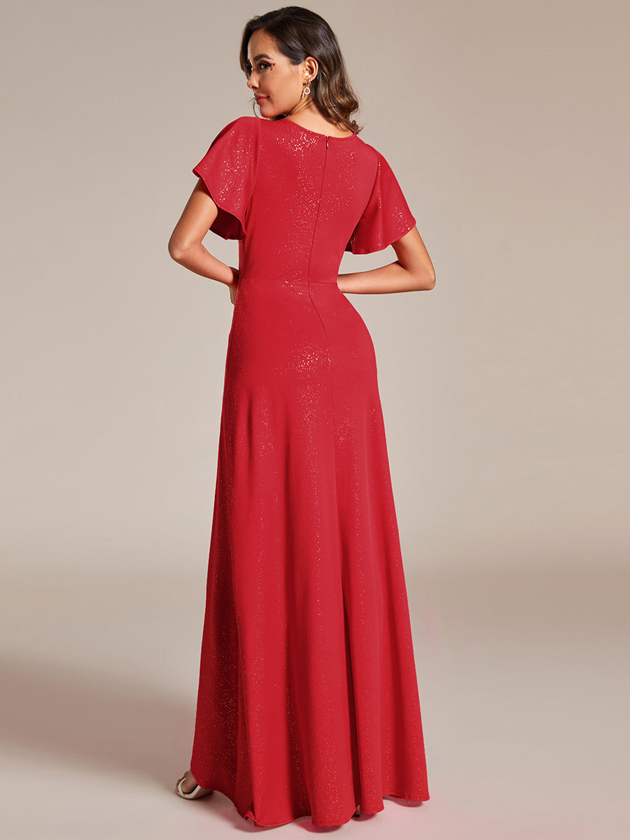 Shiny Tea Length Split Wholesale Evening Dresses With Ruffle Sleeves