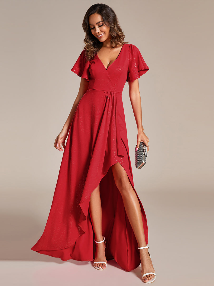 Shiny Tea Length Split Wholesale Evening Dresses With Ruffle Sleeves