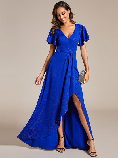 Shiny Tea Length Split Wholesale Evening Dresses With Ruffle Sleeves